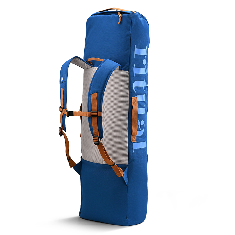 Ritual Mission combo hockey bag blue with orange straps, back and left side view